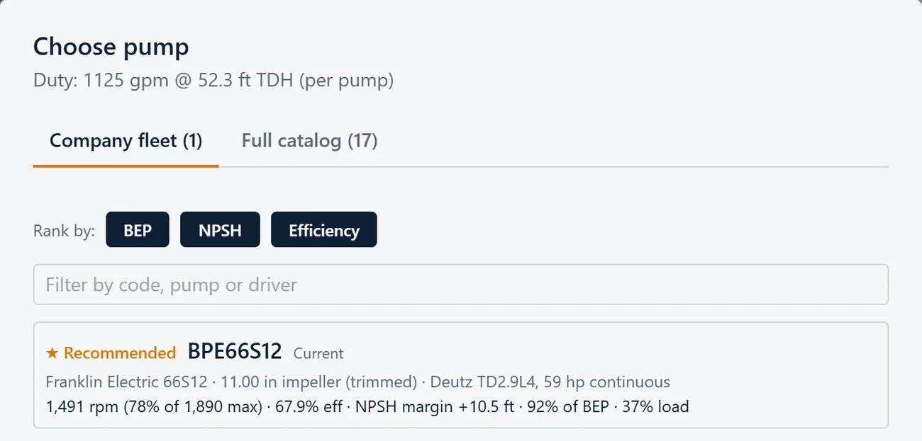 The Choose pump dialog on the Company fleet tab, showing the customer's own package — a trimmed 11-inch impeller on a Deutz engine — ranked Recommended for this duty.