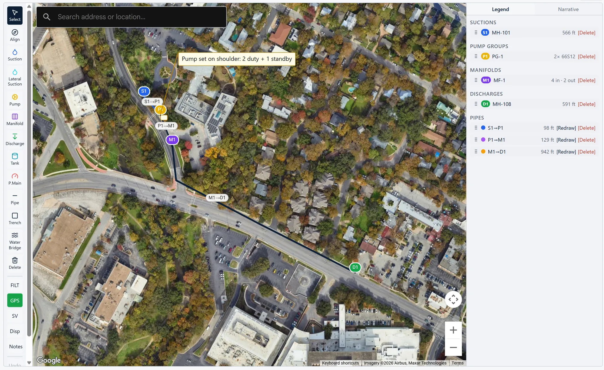 A sewer bypass drawn on satellite imagery: suction manhole S1, pump group P1, manifold M1 and discharge D1, joined by pipe runs along the street, with the legend listing each item and its pipe length.