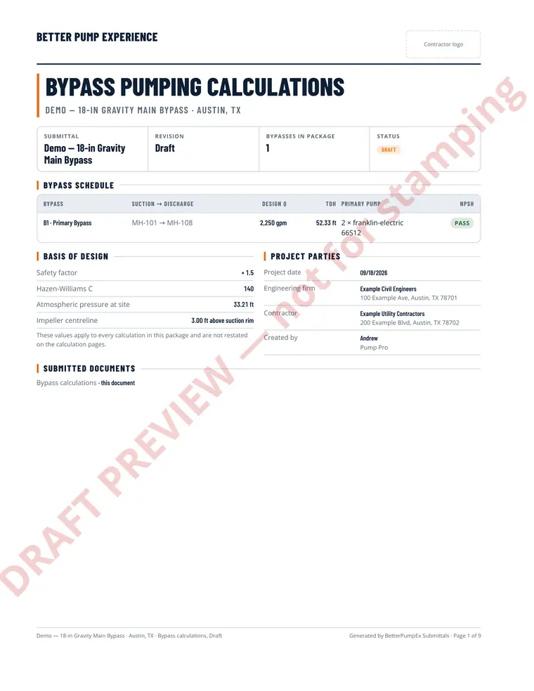 Submittal cover page: the project title, bypass schedule, basis of design and project parties, carrying a draft-preview watermark.