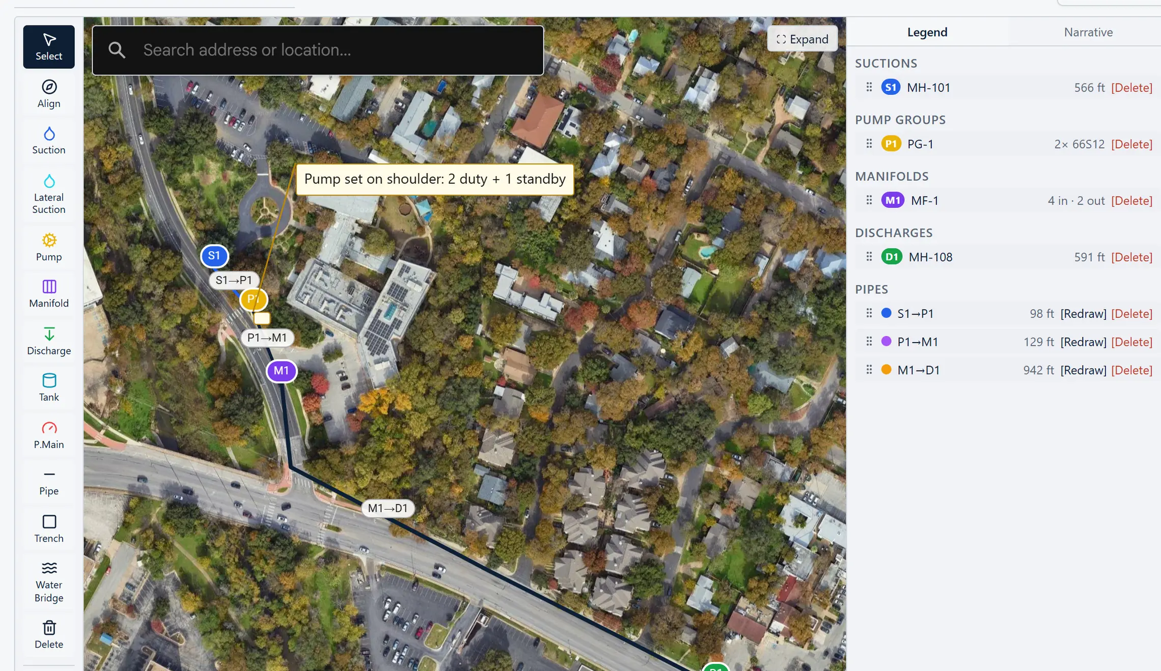 The map editor: the 13-tool rail on the left, the bypass drawn on satellite imagery in the centre, and the legend on the right listing suctions, pump groups, manifolds, discharges and pipes with their lengths.